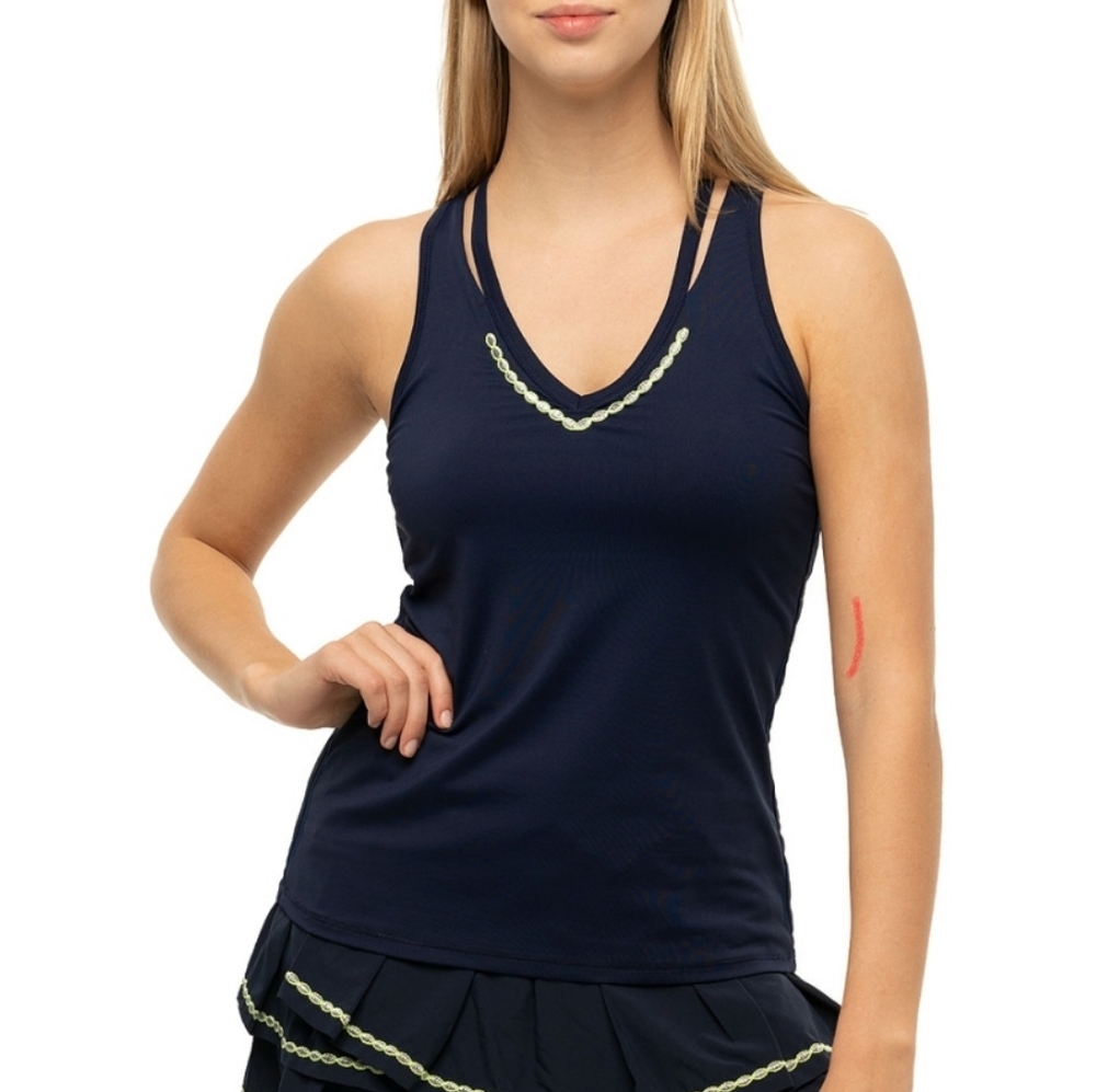 Lucky In Love  Flora Women's Tennis BRA Tank top navy blue embroidered  sz SMALL